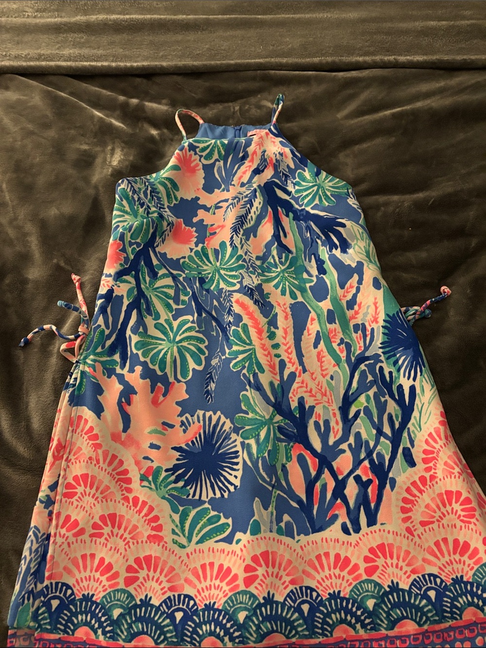 Lilly Pulitzer Blue Floral Halter Dress with Pink and Green Accents